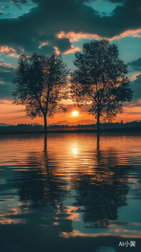 水面反射下的湖泊夕阳与夜间自然风景艺术摄影