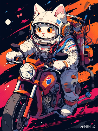 穿着太空服的猫咪骑摩托车畅游