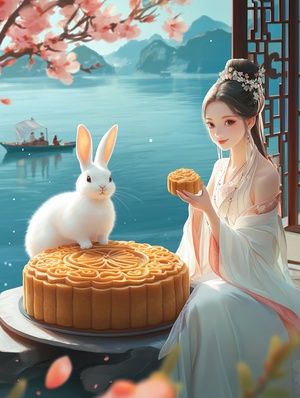 A beautiful woman and a white rabbit sit on a large mooncake, eating osmanthus tree mooncakes together. Behind them is a large pavilion with poster design and exquisite masterpiece. It is an 8K, 3D cartoon miniature scene, with a calm water surface background, blue water surface