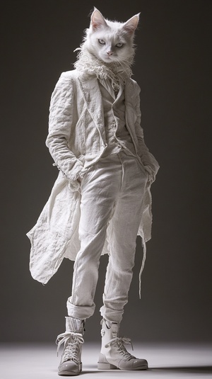 Full body, anthropomorphic white cat Wearing Armani fashionable men's clothing and shoes,A tall and slender figure, high-end design style, Paris Fashion Show, Pure gray ground, Performance art photos, anthropomorphic,Long Shot, White gray color tone, Full body, Dynamic capture of runway shows