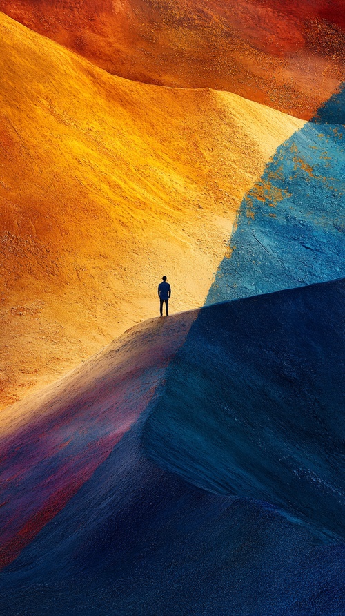 A man stands on a colored sand dune, blue and gold are dominant, a lonely figure, super detail