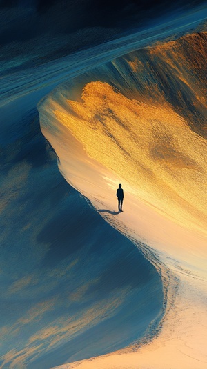 A man stands on a colored sand dune, blue and gold are dominant, a lonely figure, super detail