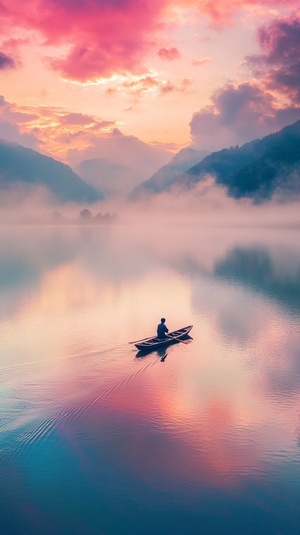 A fisherman is rowing a small boat in a lake,Rainbow clouds and mist rose over the water,drone perspective