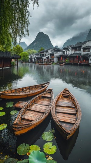 桂林水乡美景，灰蒙蒙的阴天，雨季，乌云密布，真实拍照感，超高清，房屋和树木，复古灯笼，清澈的湖水，几条大木船，8k，超广角，远景，饱满，水莲花，荷叶，小桥，大师作品。体现出万重山