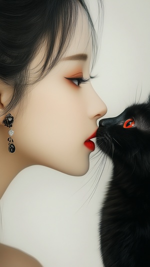 an elegant chinese woman and a black cat , beautiful eyes with long eyelashes , red lips , Jewelry earrings , smooth lines , minimalist , white background , ethereal and Zen , romantic realism ,8k. ar 3:4 v 6.0 s 100