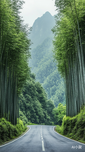 绿色竹林环绕的无尽山路与白色竹林交融的壮丽场景