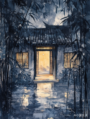 雨天竹林中庭院灯光照耀的宁静氛围