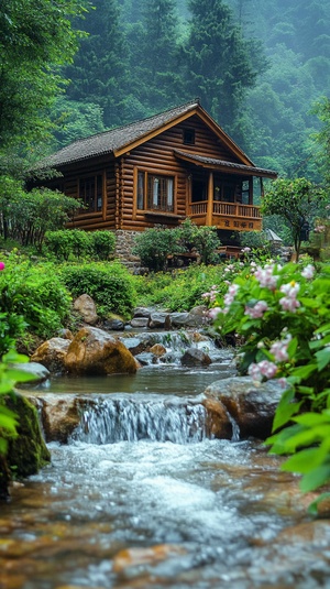 一间小木屋，小乔流水，周边郁郁葱葱的绿植和盛开花朵风景图