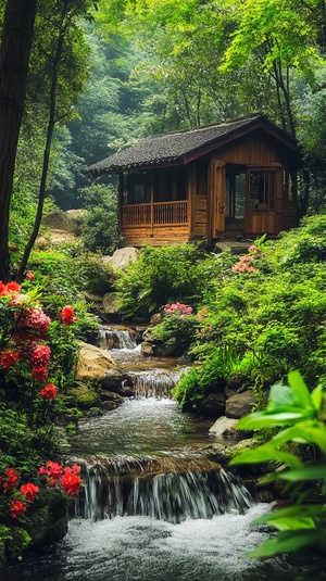 一间小木屋，小乔流水，周边郁郁葱葱的绿植和盛开花朵风景图