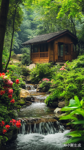 小木屋旁的小乔流水与郁郁葱葱的花海