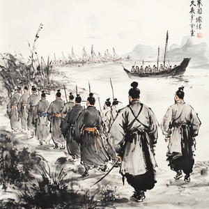 随着一阵轻快的歌声，画面转向岸上，汪伦带领着一群村民，手拉手，脚踏着节奏，边走边唱。