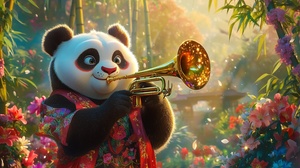 欢快的大熊猫在阳光下演奏快乐乐章
