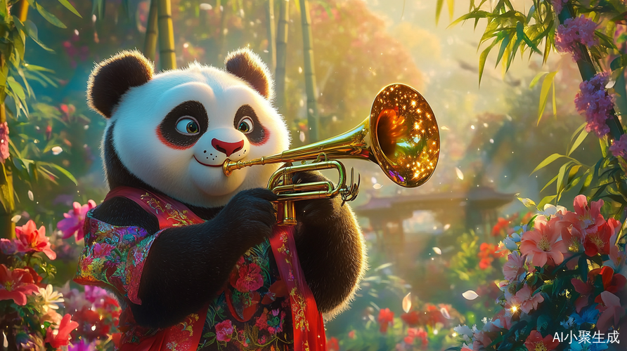 欢快的大熊猫在阳光下演奏快乐乐章