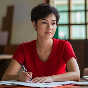 一个漂亮的穿着红衬衫的一头齐耳短发的汉族女教师坐在办公桌前书写教案。高分辨率，超高清，摄影作品。