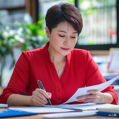 红衬衫齐耳短发女教师书写教案的高分辨率摄影作品