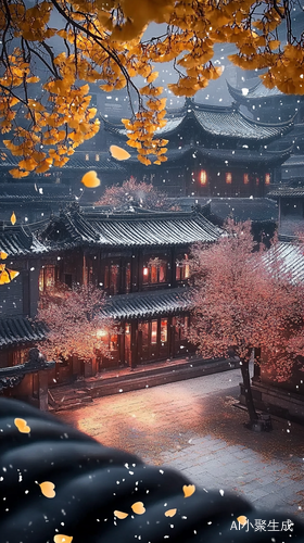 秋天古建筑与银杏树的壮丽夜景