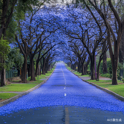 宽敞蓝花大道下的美丽双向车行道