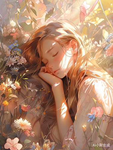 女孩坐在花海中感受温暖的治愈氛围