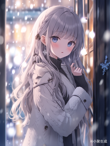 冬天雪花中的美少女瘦身伸懒腰靠墙