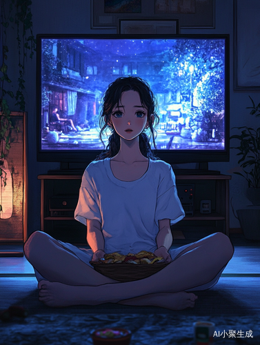 女孩专注看电视手握零食表情随剧剧情变化