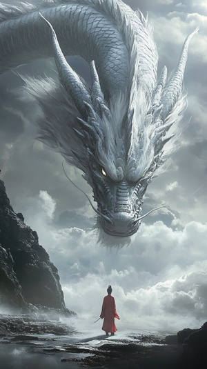 Based on the background of the Shan Hai Jing, create a giant Yinglong in the sky, amidst the sea of clouds, snow-white, with a robust dragon body, eyes full of spirituality, majestic and imposing, exquisite dragon whiskers and dragon head, every detail resembling a deity, overlooking a tiny human on the ground, transcendent and divine. Movie realistic, 8K.