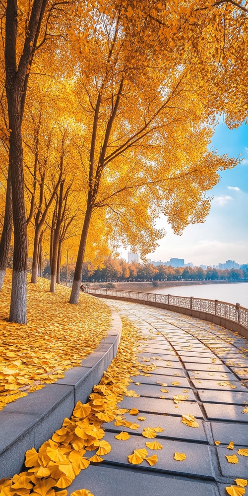 beautiful circular path in the park, single sidewalk, panoramic ginkgo trees in the foreground, a row of golden ginkgo trees on the oblique stairs by the roadside, high resolution, lake, full of petals, vista, high definition resolution, fine high definition, golden ginkgo trees