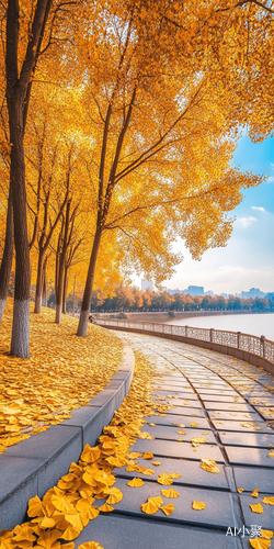 Beautiful Circular Path in Park with Ginkgo Trees and Lake