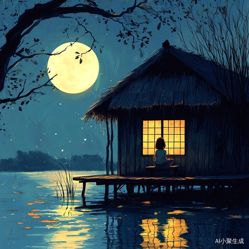 宁静夜晚明月下的少女与小木屋