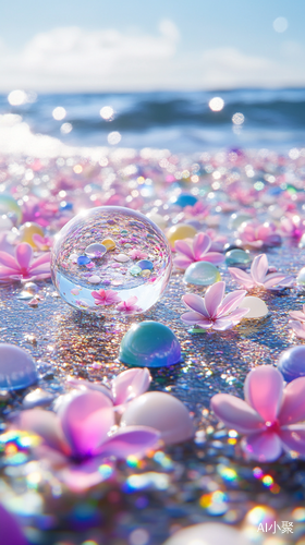 Anime Style Flower Sea on Beach with Colorful Pebbles and Fish