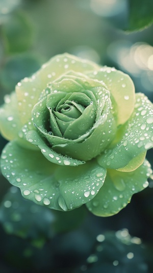 Scottish green rose, vibrantgreen petals, delicate teexture;softmorning light; lush garden background,dewy leaves; natural, fresh,sereneatmosphere; close-up shot,rosecentered, slight bokeh; botanicalillustration stylear 3:4stylize 750