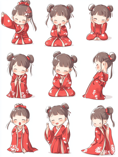 小女孩红色汉服可爱chibi全身图九种姿势与表情