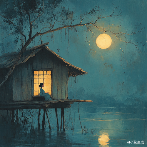 宁静夜晚下月影映水的少女思考