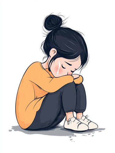 可爱卡通女孩低头坐地流泪的极简主义插图