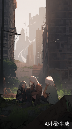 末日废墟中三人疲惫的全景描绘