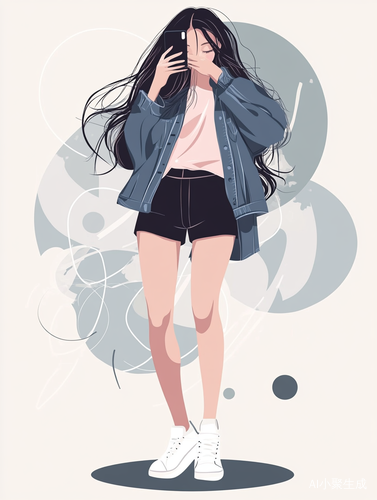 亚洲女孩时尚插画黑色短裤白色运动鞋牛仔夹克