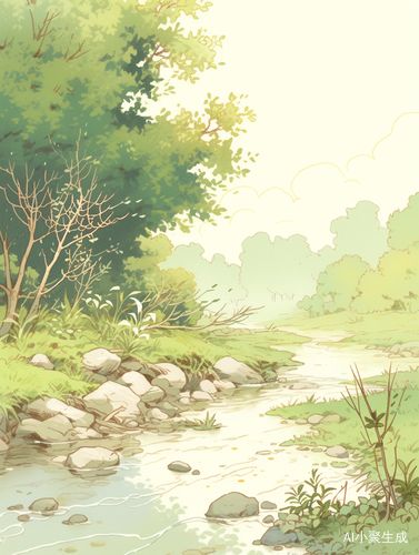 浅米色背景下的小河草地与小树插画