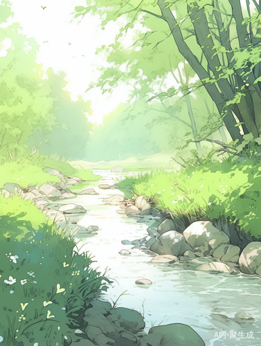 浅米色背景下的小河草地与小树插画