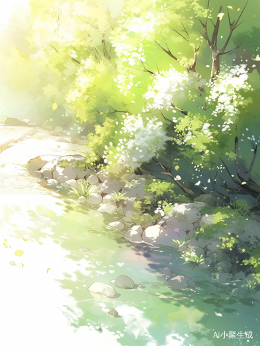 浅米色背景下的小河草地与小树插画