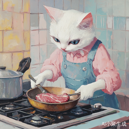 白色母猫在厨房煎牛排