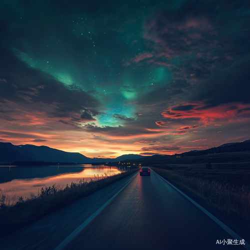 傍晚公路上的夕阳与极光映照的湖面