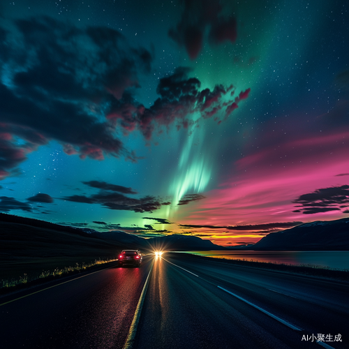 傍晚公路上的夕阳与极光映照的湖面