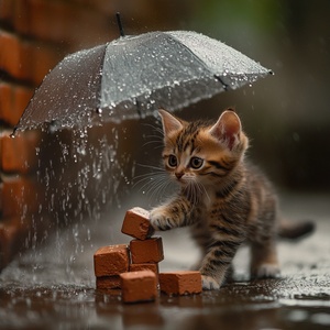 一只小猫在雨天搬砖