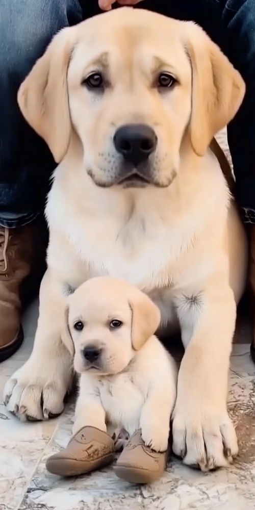 一只可爱的拉布拉多幼犬坐在它妈妈的腿上.这只黄色拉布拉多体型大而丰满.狗主人拿着鞋子打小幼.狗妈妈用手去挡鞋子.