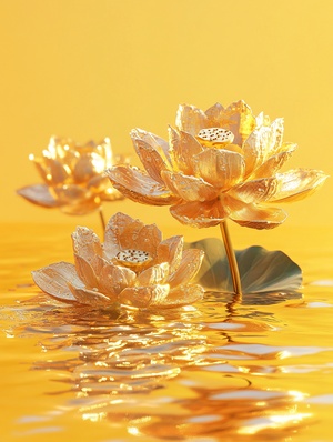 gold lotus on a yellow background, in the style of rendered in unreal engine, money themed, environmental installation artist, realistic hyper-detailed rendering, hyper-realistic water, rendered in cinema4d, commission for ar 3:4 relax style raw stylize 180 v 6