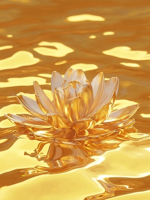 gold lotus on a yellow background, in the style of rendered in unreal engine, money themed, environmental installation artist, realistic hyper-detailed rendering, hyper-realistic water, rendered in cinema4d, commission for ar 3:4 relax style raw stylize 180 v 6