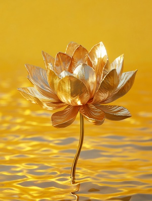 gold lotus on a yellow background, in the style of rendered in unreal engine, money themed, environmental installation artist, realistic hyper-detailed rendering, hyper-realistic water, rendered in cinema4d, commission for ar 3:4 relax style raw stylize 180 v 6