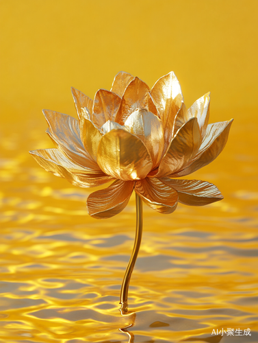 Hyper Realistic Gold Lotus Installation on Yellow Background