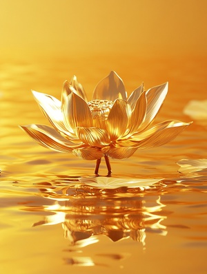 gold lotus on a yellow background, in the style of rendered in unreal engine, money themed, environmental installation artist, realistic hyper-detailed rendering, hyper-realistic water, rendered in cinema4d, commission for ar 3:4 relax style raw stylize 180 v 6