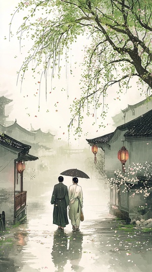 正是江南好风景画面描述：背景：江南水乡，烟雨蒙蒙。小桥流水，柳绿桃红。一片春意盎然的景象。人物：杜甫和李龟年并肩走在江南的小径上，欣赏着周围的风景。两人都已年迈，但眼中依然闪烁着对生活的热爱和向往。细节：一阵风吹过，花瓣轻轻飘落，杜甫伸手接住一片落花，感慨万分。