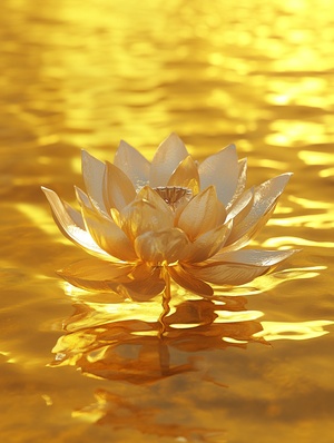 gold lotus on a yellow background, in the style of rendered in unreal engine, money themed, environmental installation artist, realistic hyper-detailed rendering, hyper-realistic water, rendered in cinema4d, commission for ar 3:4 relax style raw stylize 180 v 6